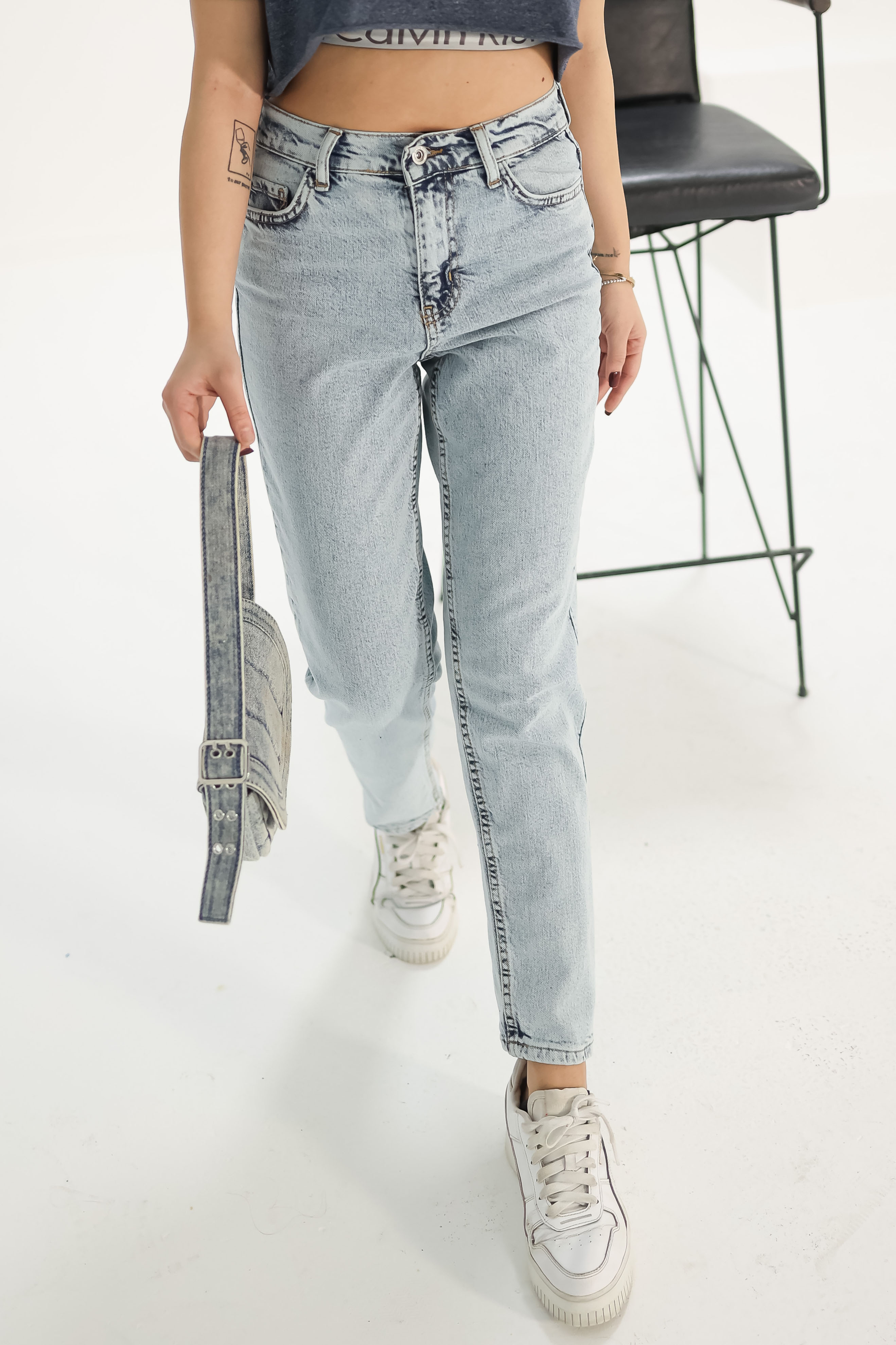 Düz Orta Kadın Acik Mavi Slim Fit Mom Jeans - 13360 - 4