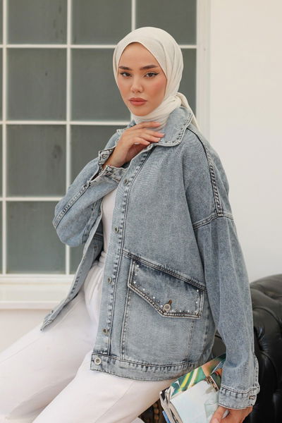 Kadın Taş Detaylı Oversize Denim Kot Ceket Acik Mavi - 26572 