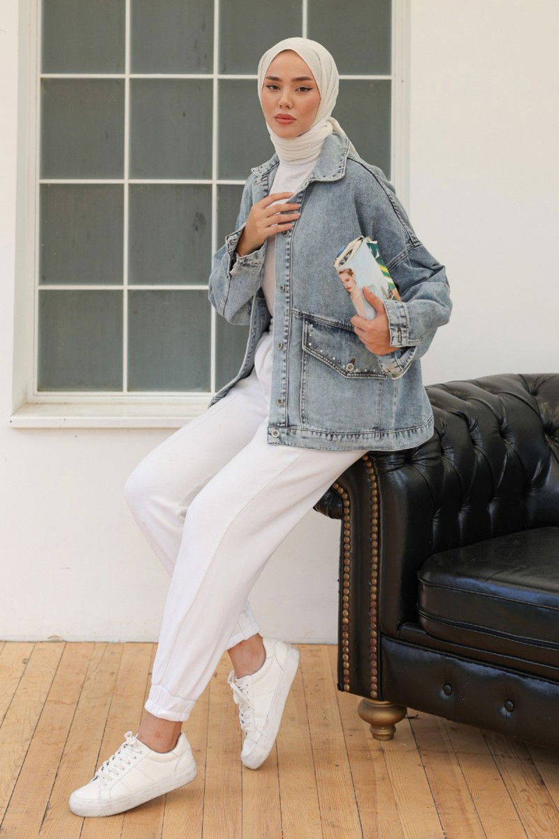 Kadın Taş Detaylı Oversize Denim Kot Ceket Acik Mavi - 26572 - 2