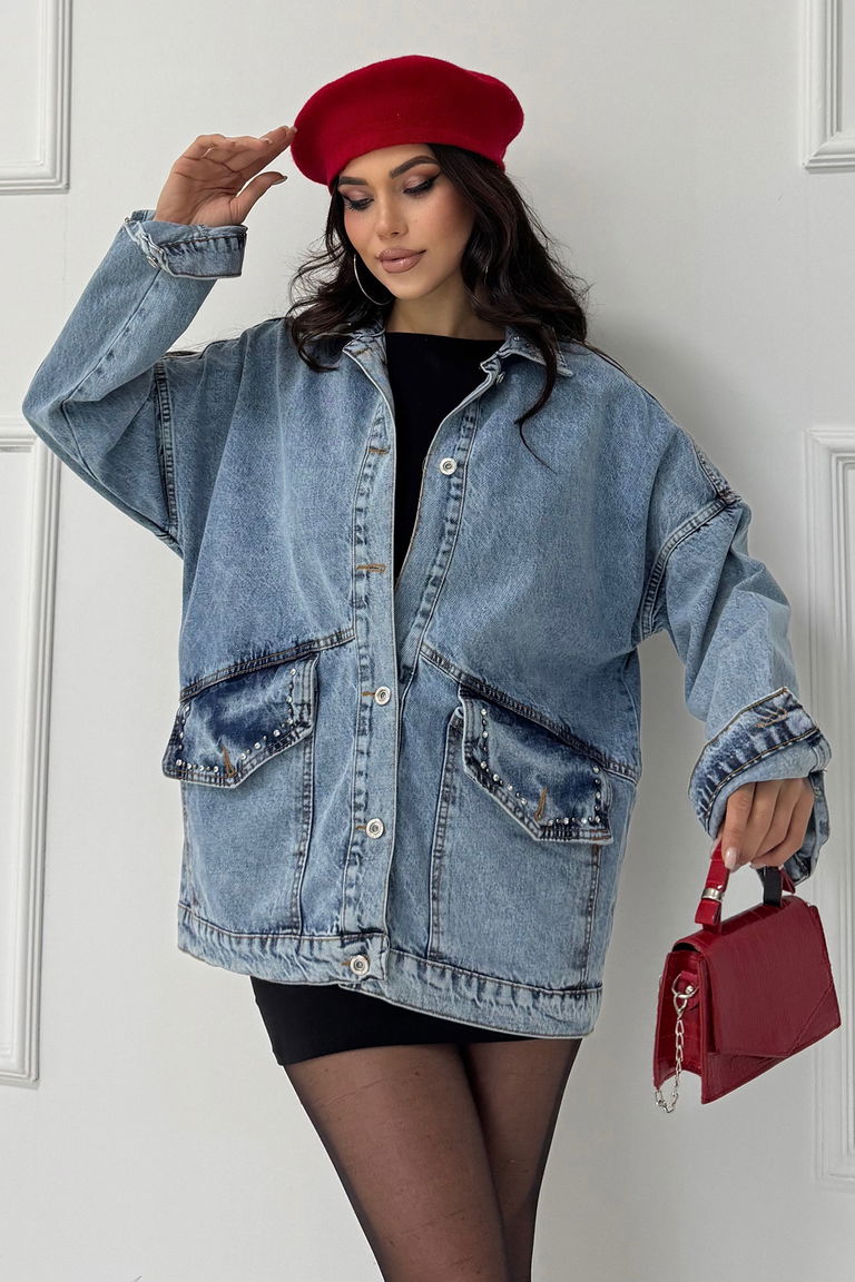Kadın Taş Detaylı Oversize Denim Kot Ceket Acik Mavi - 26572 - TOFİSA