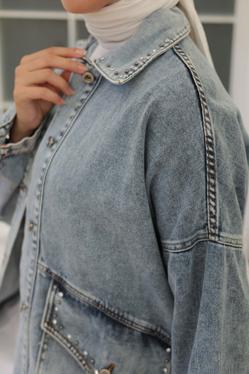Kadın Taş Detaylı Oversize Denim Kot Ceket Acik Mavi - 26572 - 4