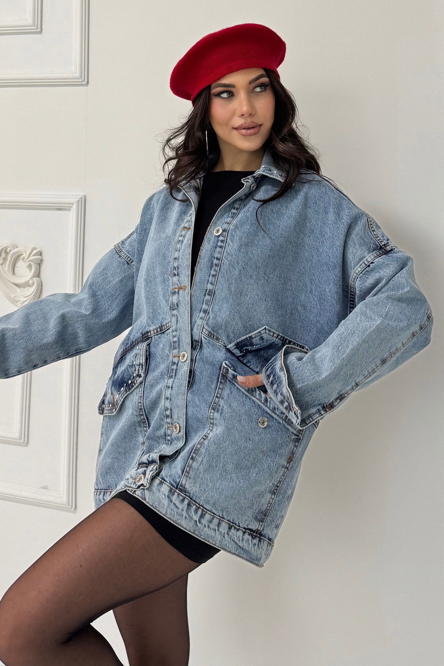 Kadın Taş Detaylı Oversize Denim Kot Ceket Acik Mavi - 26572 - 5