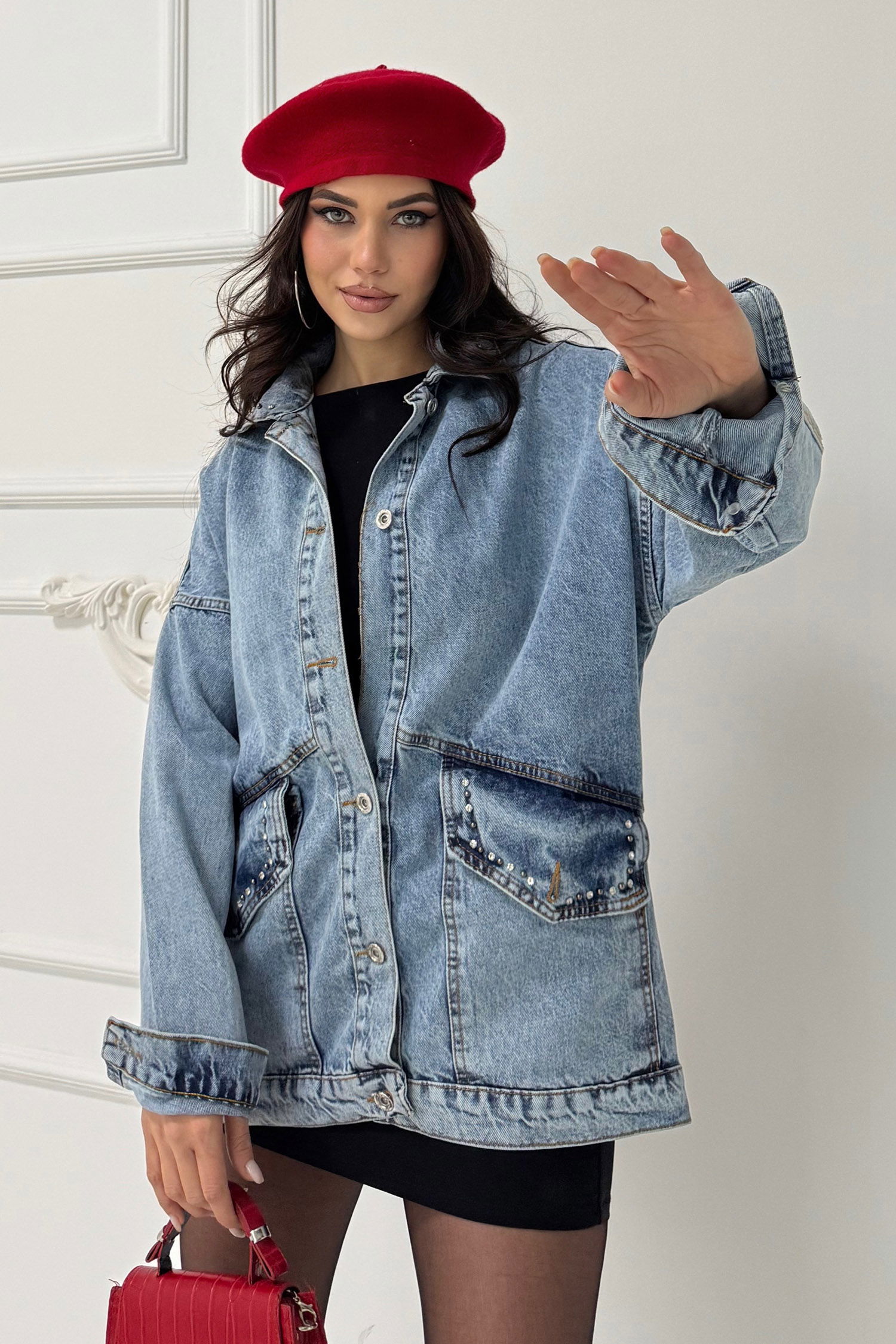 Kadın Taş Detaylı Oversize Denim Kot Ceket Acik Mavi - 26572 - 6