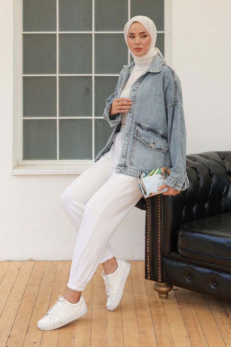 Kadın Taş Detaylı Oversize Denim Kot Ceket Acik Mavi - 26572 - 7