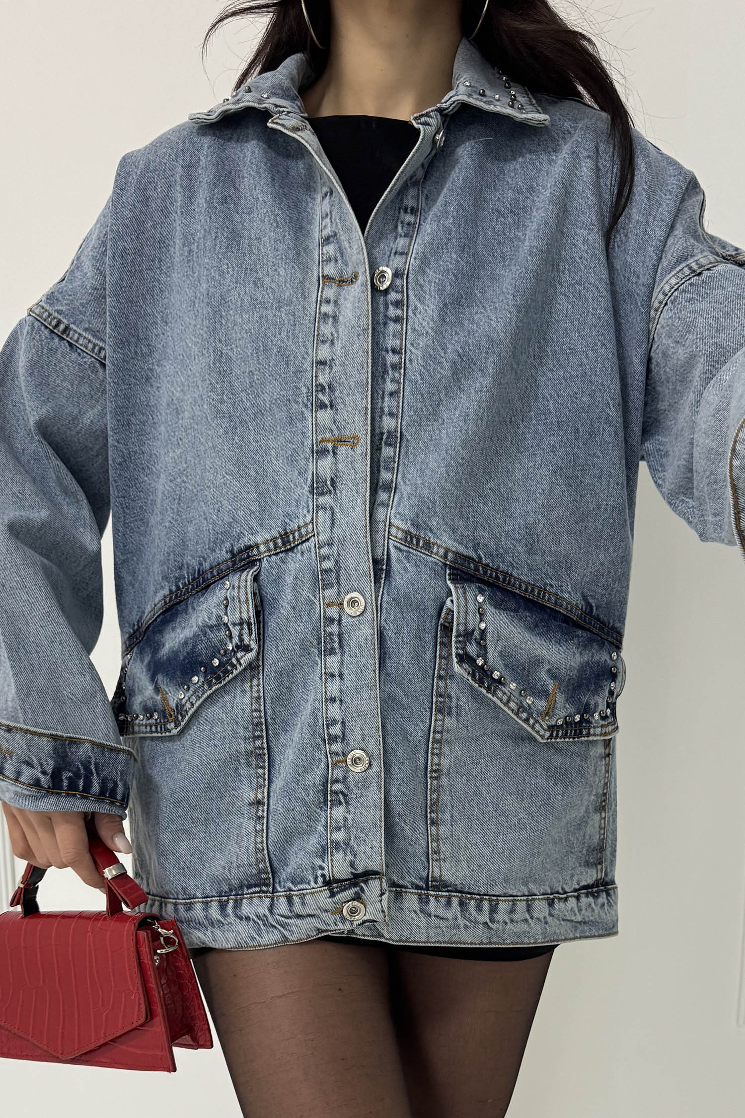 Kadın Taş Detaylı Oversize Denim Kot Ceket Acik Mavi - 26572 - 8