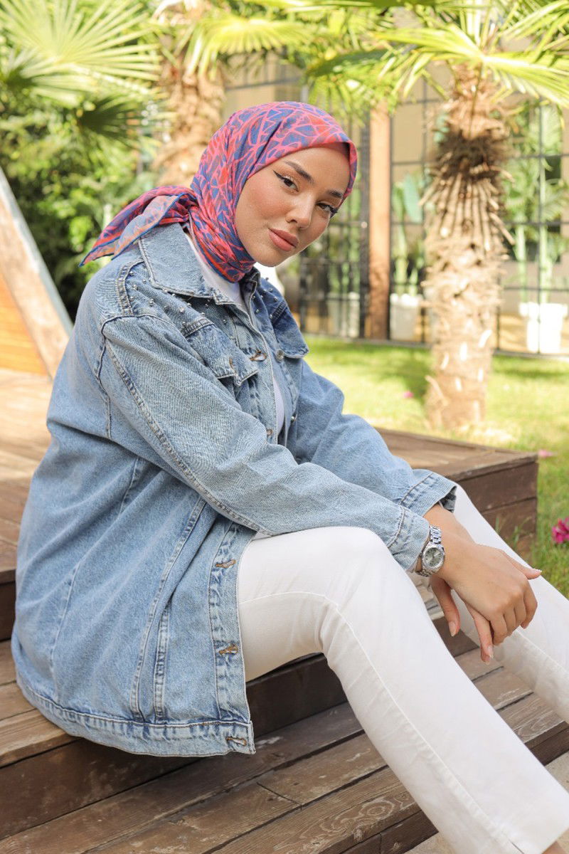 Kadın Omuz Taş Detaylı Oversize Kot Ceket Acik Mavi - 26616 - 5