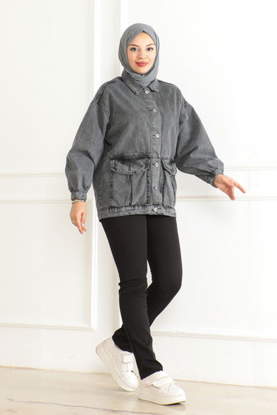 Kadın Oversize Körüklü Cep Kot Ceket Antrasit - 26578 