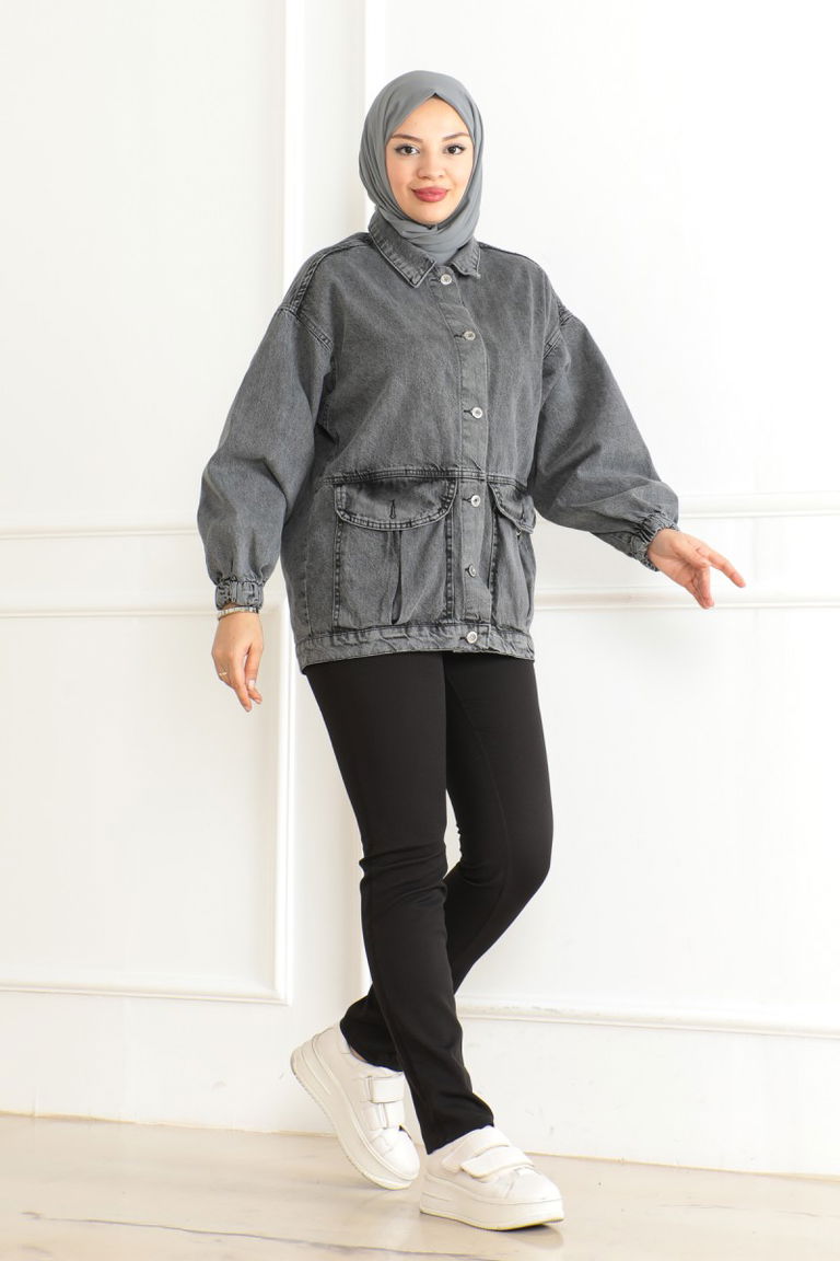Kadın Oversize Körüklü Cep Kot Ceket Antrasit - 26578 - TOFİSA