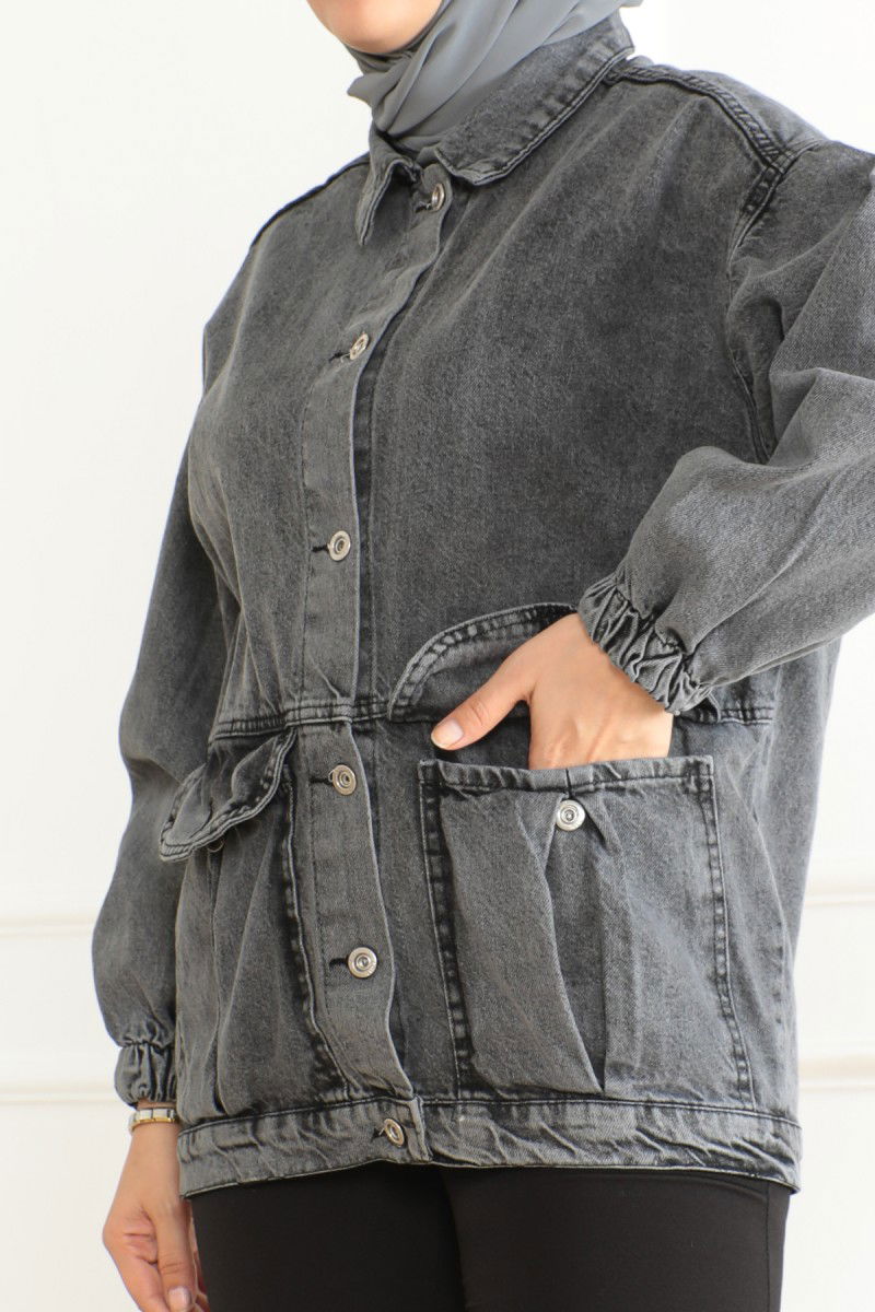 Kadın Oversize Körüklü Cep Kot Ceket Antrasit - 26578 - 2