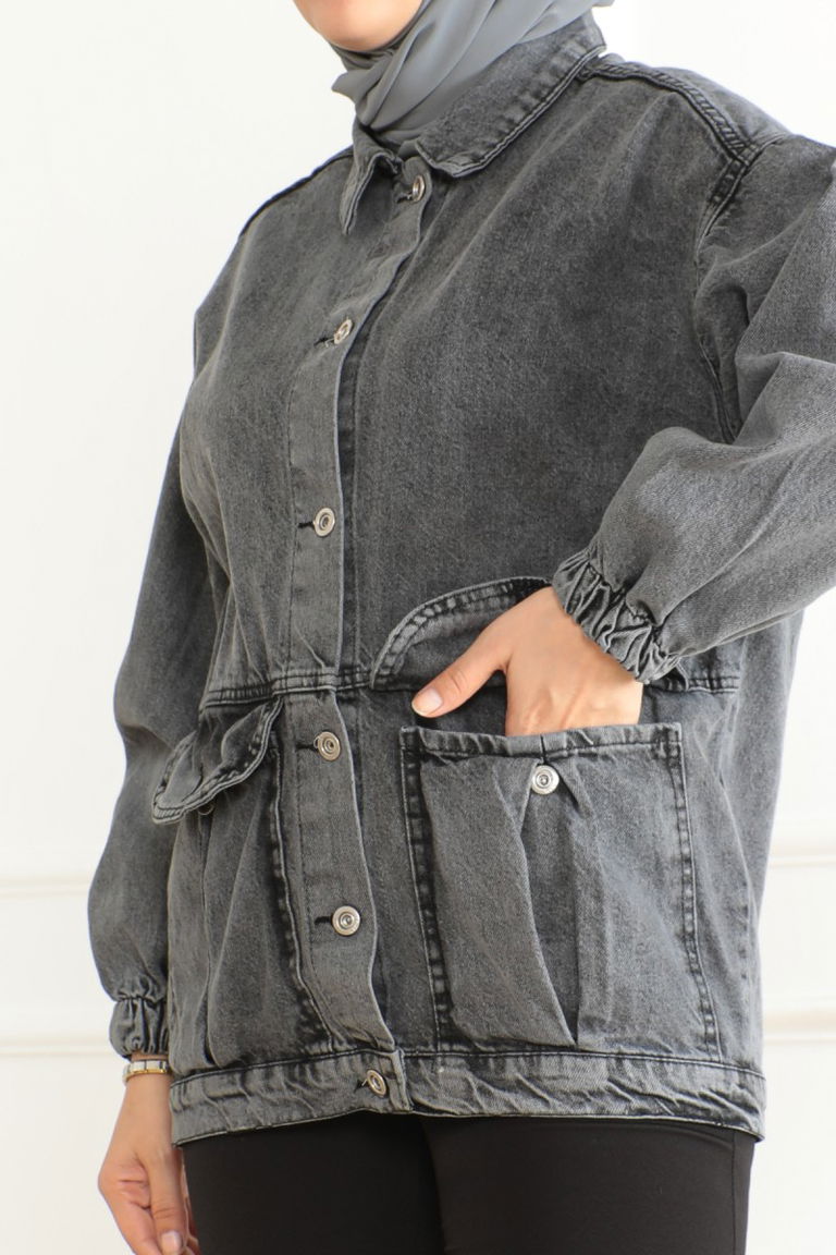 Kadın Oversize Körüklü Cep Kot Ceket Antrasit - 26578 - TOFİSA