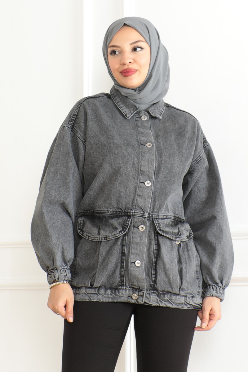 Kadın Oversize Körüklü Cep Kot Ceket Antrasit - 26578 - 3