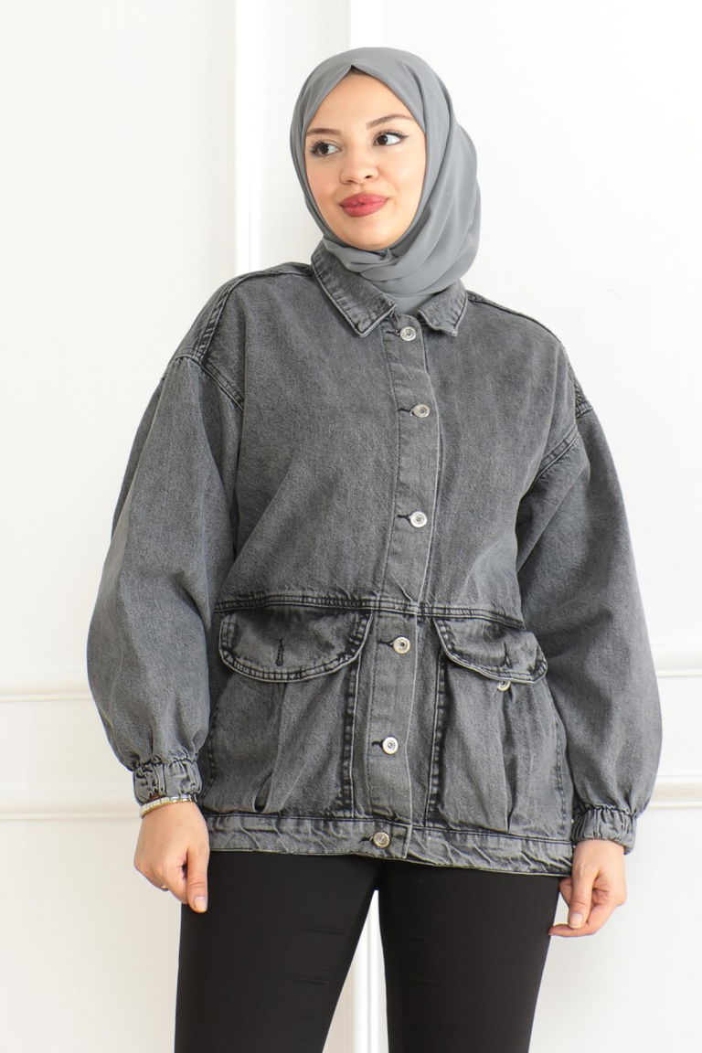 Kadın Oversize Körüklü Cep Kot Ceket Antrasit - 26578 - TOFİSA