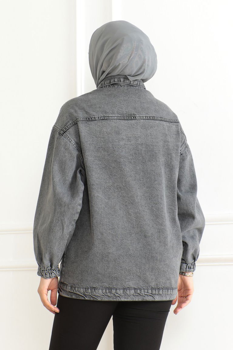 Kadın Oversize Körüklü Cep Kot Ceket Antrasit - 26578 - TOFİSA