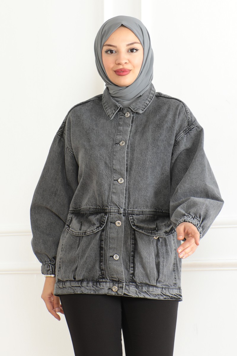 Kadın Oversize Körüklü Cep Kot Ceket Antrasit - 26578 - 5