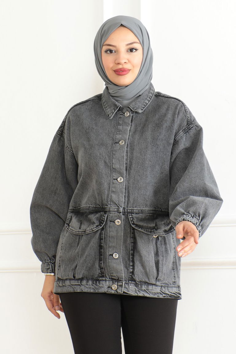 Kadın Oversize Körüklü Cep Kot Ceket Antrasit - 26578 - TOFİSA