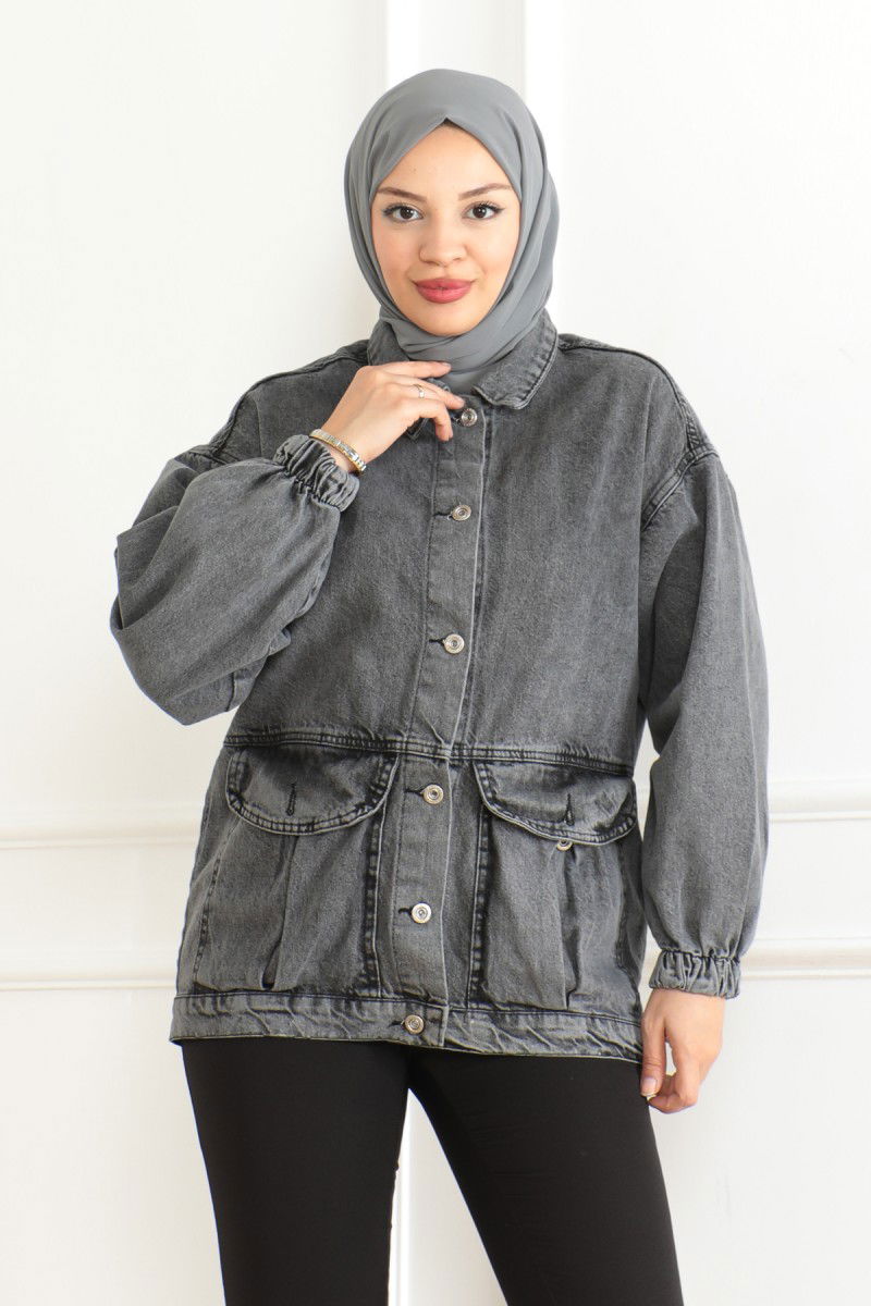 Kadın Oversize Körüklü Cep Kot Ceket Antrasit - 26578 - 6