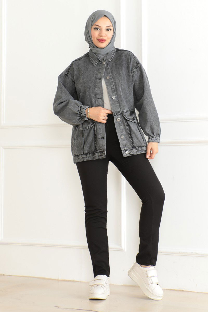 Kadın Oversize Körüklü Cep Kot Ceket Antrasit - 26578 - 7