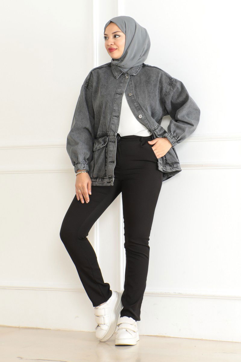 Kadın Oversize Körüklü Cep Kot Ceket Antrasit - 26578 - 8