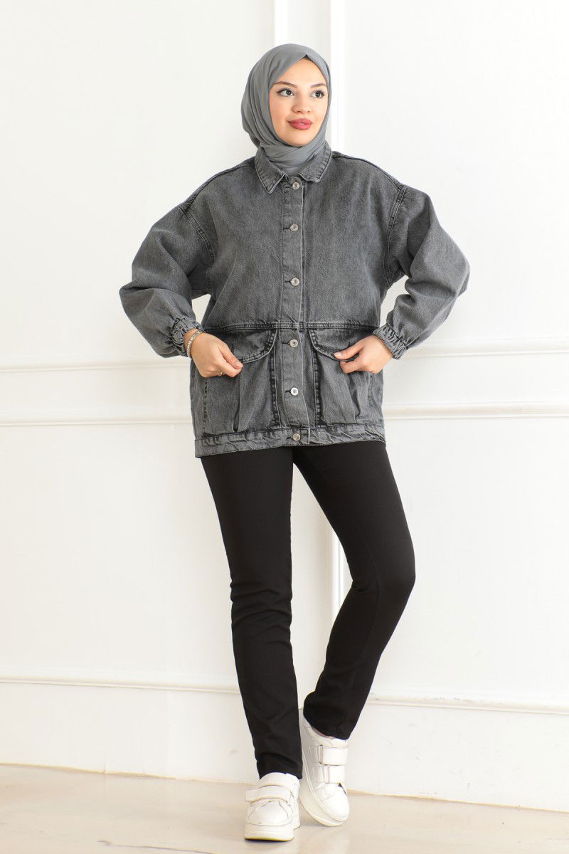 Kadın Oversize Körüklü Cep Kot Ceket Antrasit - 26578 - 9