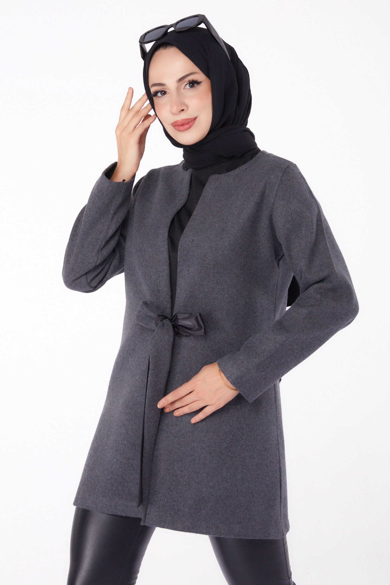 Düz Orta Kadın Antrasit Kaşe Ceket - 13286 - 3