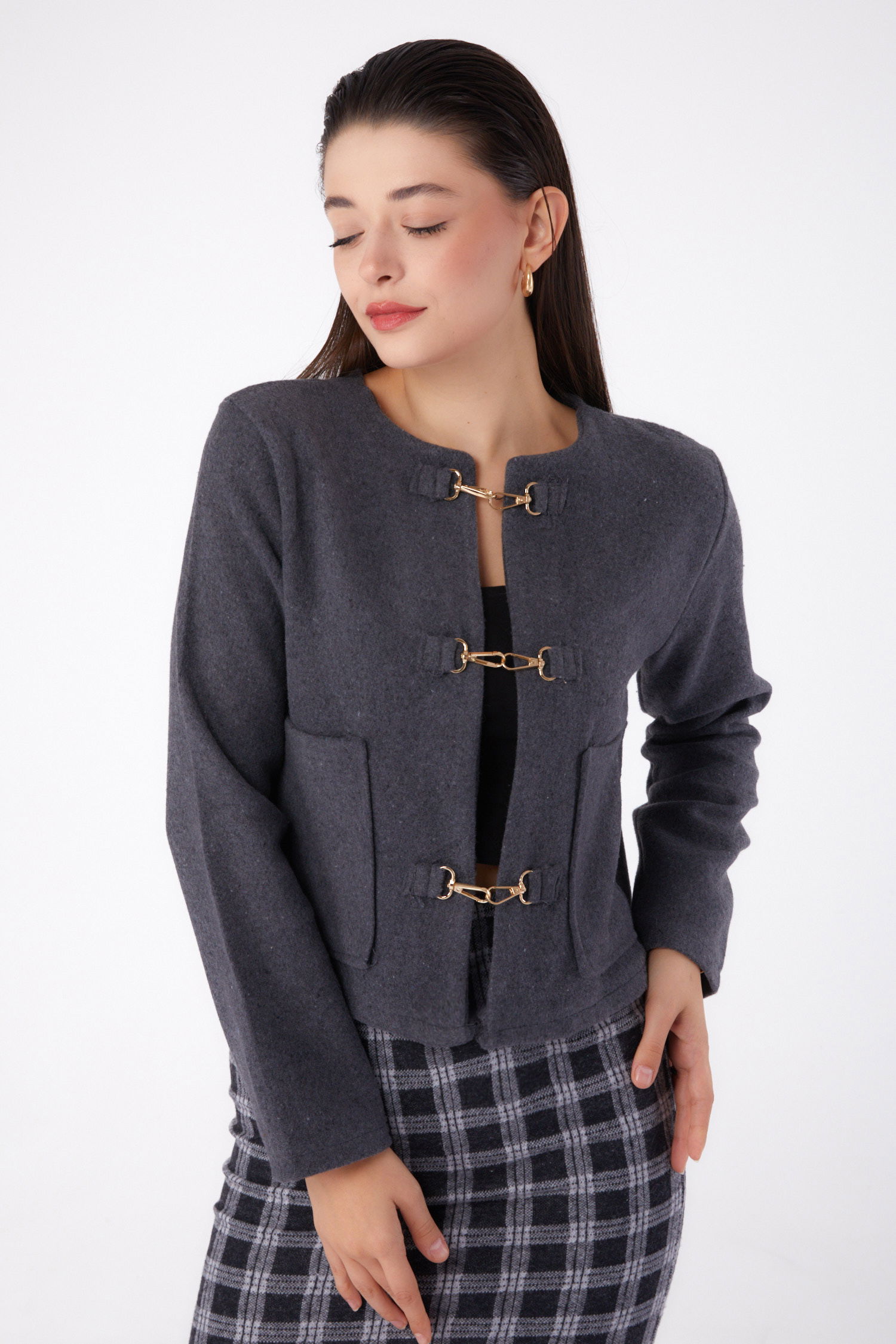 Düz Orta Kadın Antrasit Kaşe Ceket - 13291 - 3