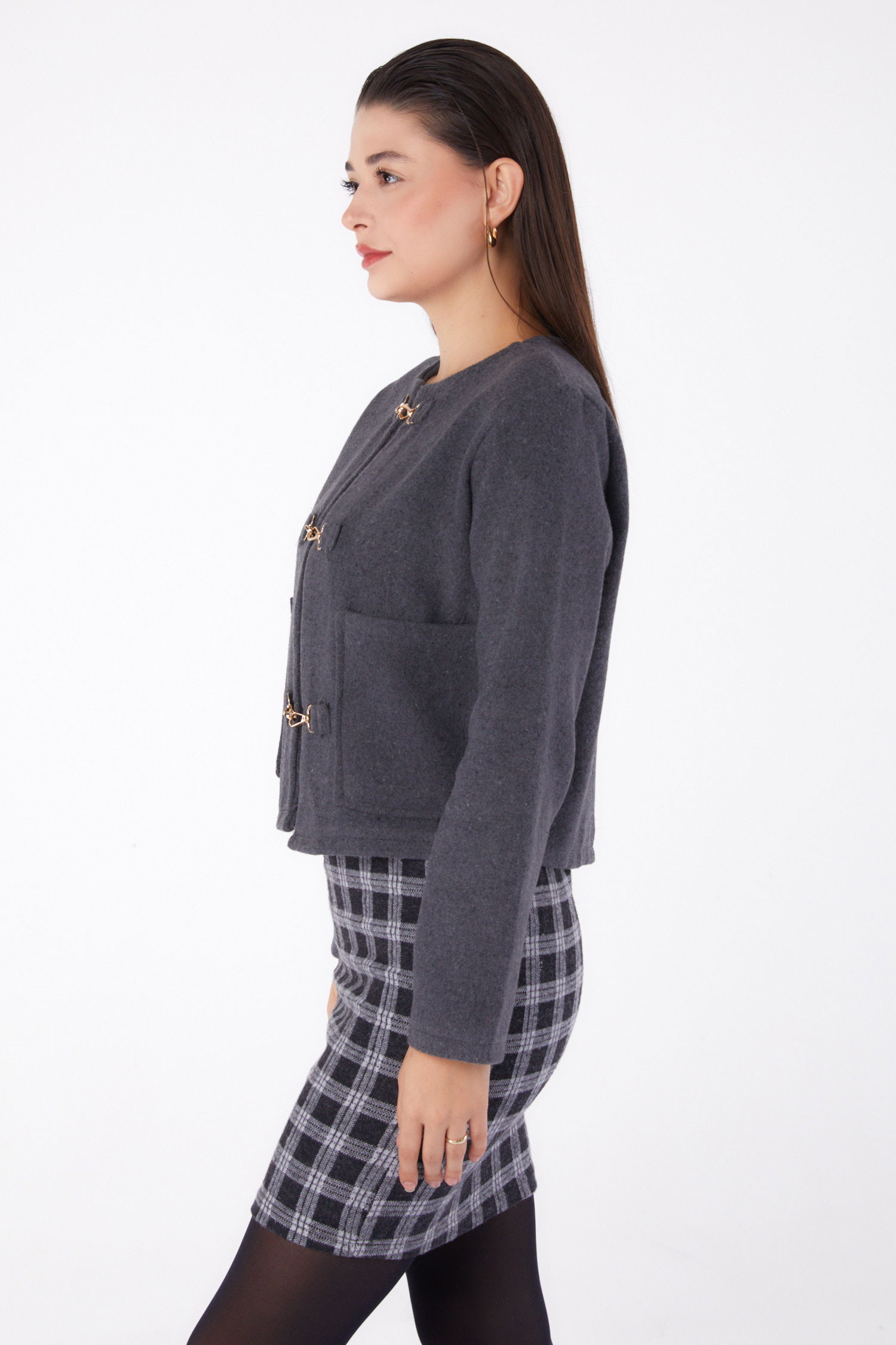 Düz Orta Kadın Antrasit Kaşe Ceket - 13291 - 4