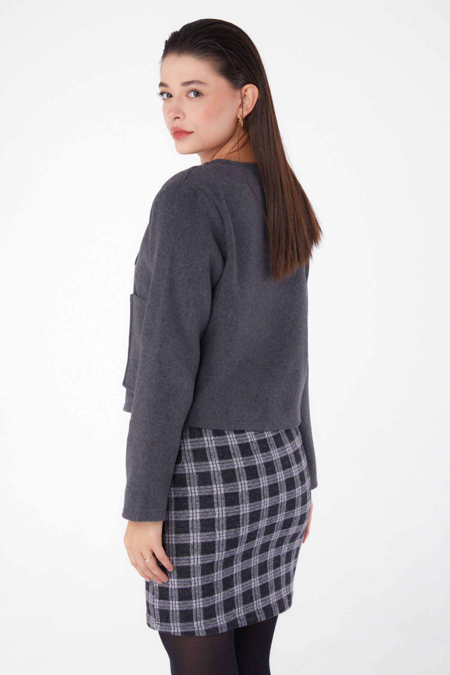 Düz Orta Kadın Antrasit Kaşe Ceket - 13291 - 5