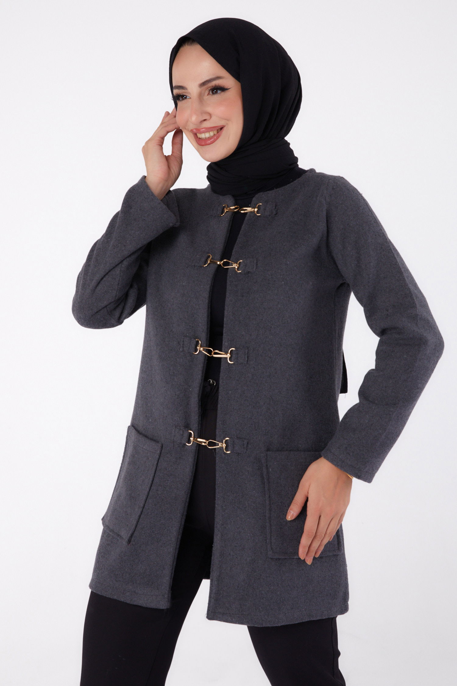 Düz Orta Kadın Antrasit Kaşe Ceket - 13292 - 1