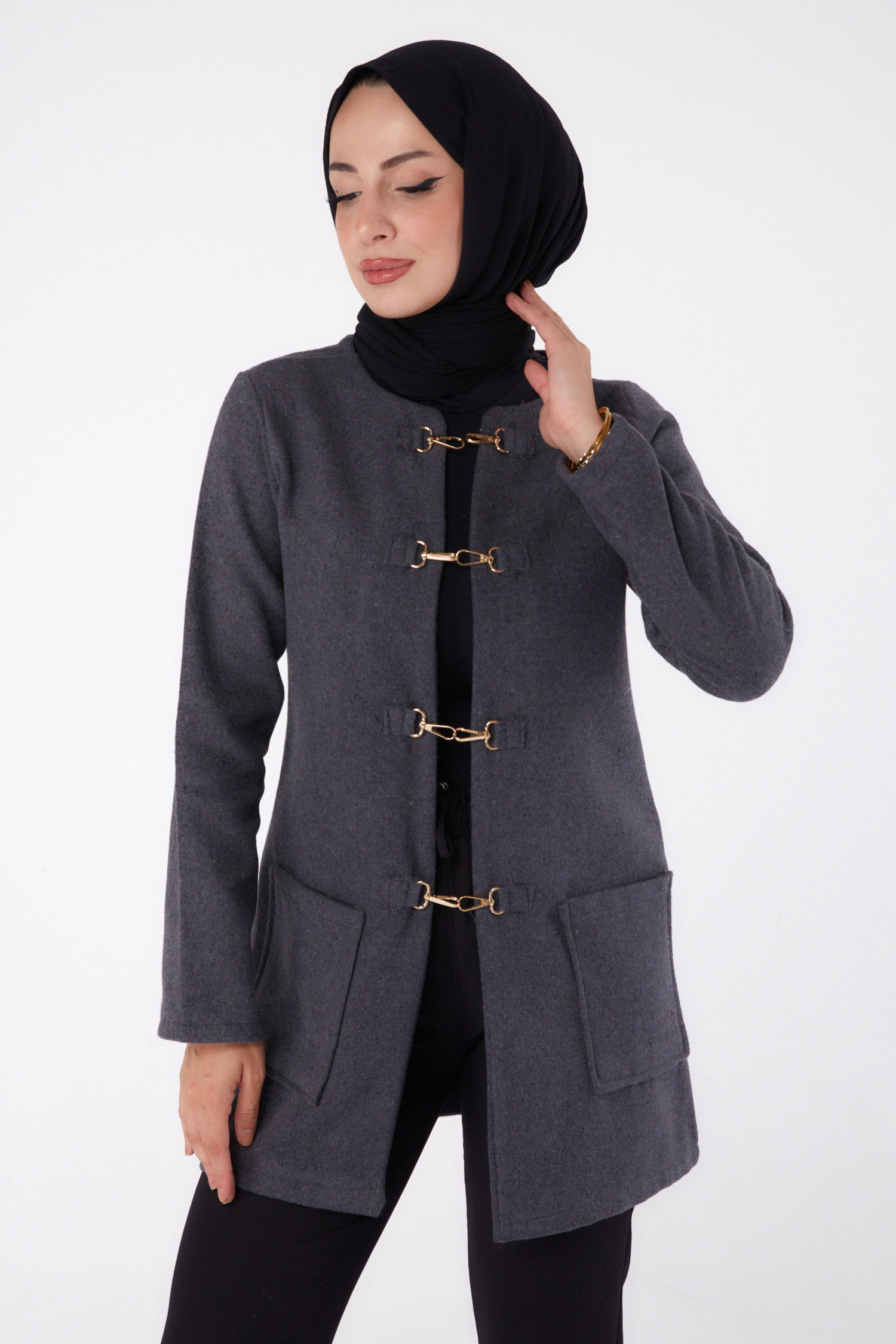 Düz Orta Kadın Antrasit Kaşe Ceket - 13292 - 2