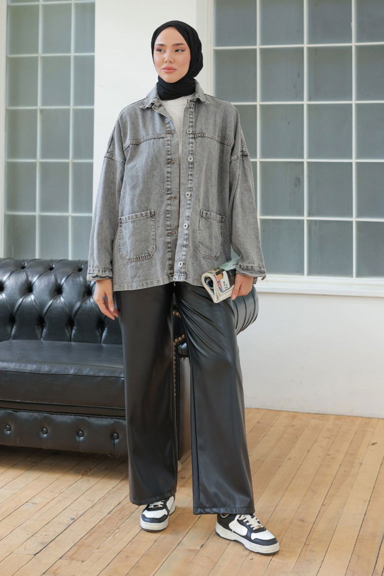 Düz Orta Kadın Antrasit Kot Ceket - 26657 - TOFİSA