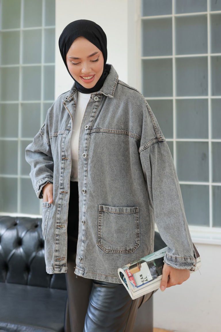 Düz Orta Kadın Antrasit Kot Ceket - 26657 - TOFİSA