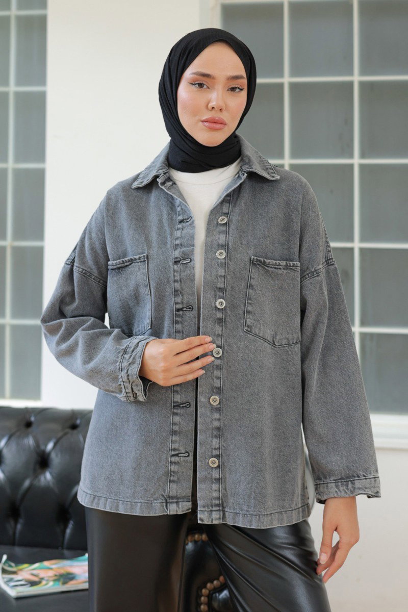 Kadın Oversize Cep Detay Kot Gömlek Ceket Antrasit - 26571 - 1