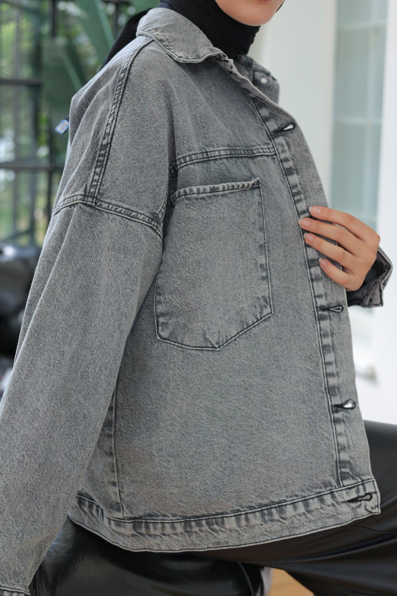 Kadın Oversize Cep Detay Kot Gömlek Ceket Antrasit - 26571 - 2