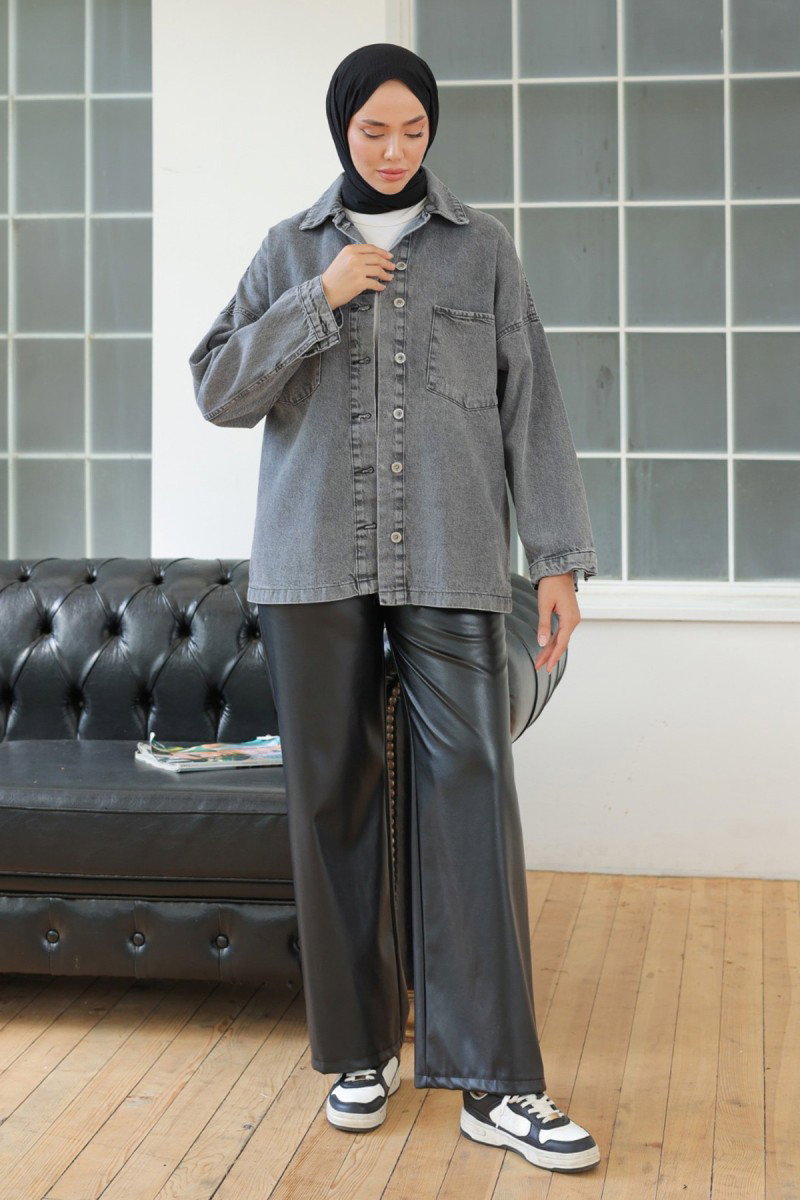 Kadın Oversize Cep Detay Kot Gömlek Ceket Antrasit - 26571 - 3