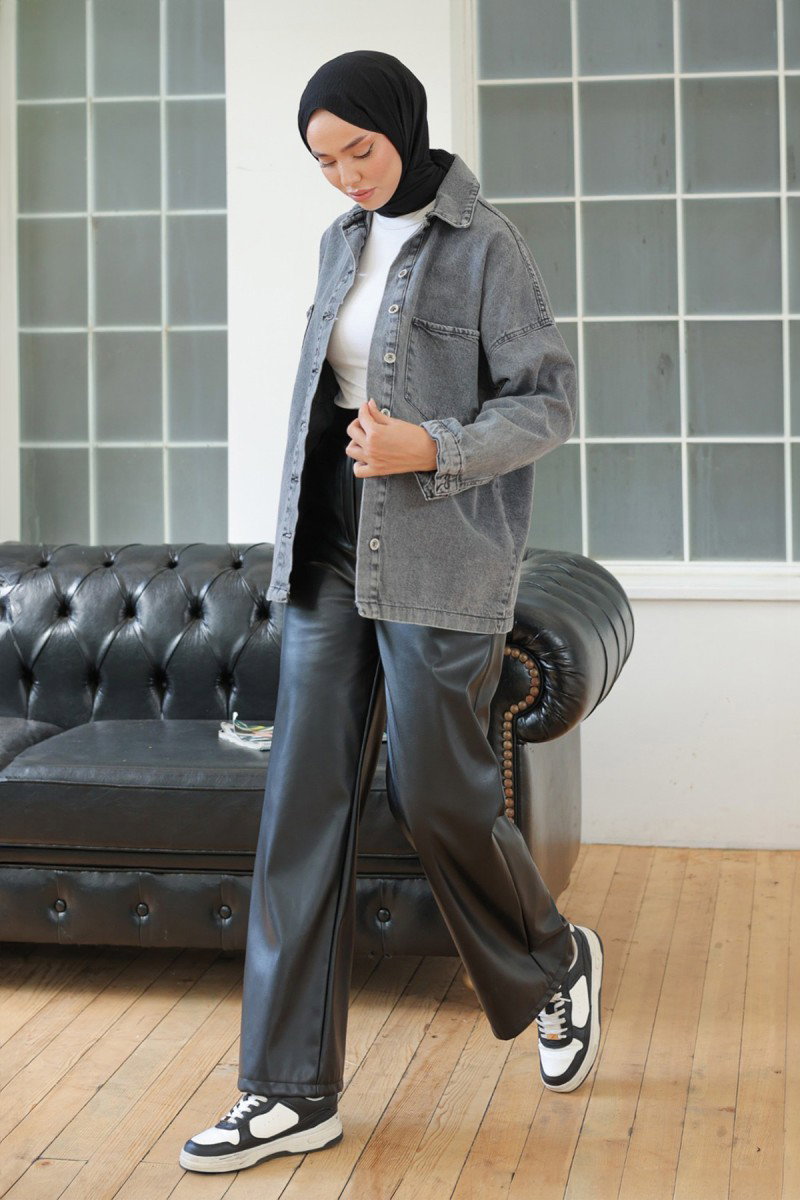 Kadın Oversize Cep Detay Kot Gömlek Ceket Antrasit - 26571 - 4