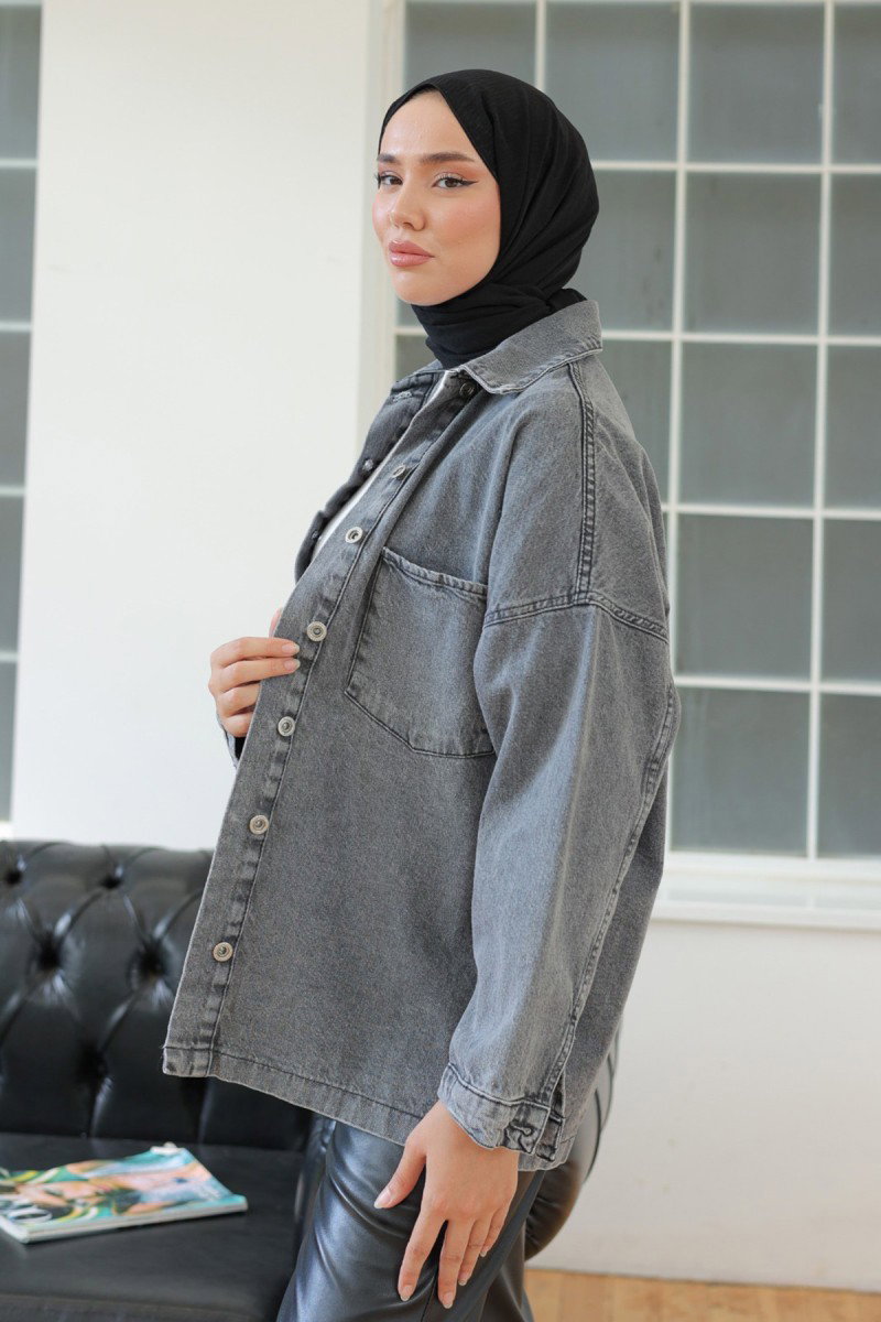 Kadın Oversize Cep Detay Kot Gömlek Ceket Antrasit - 26571 - 5