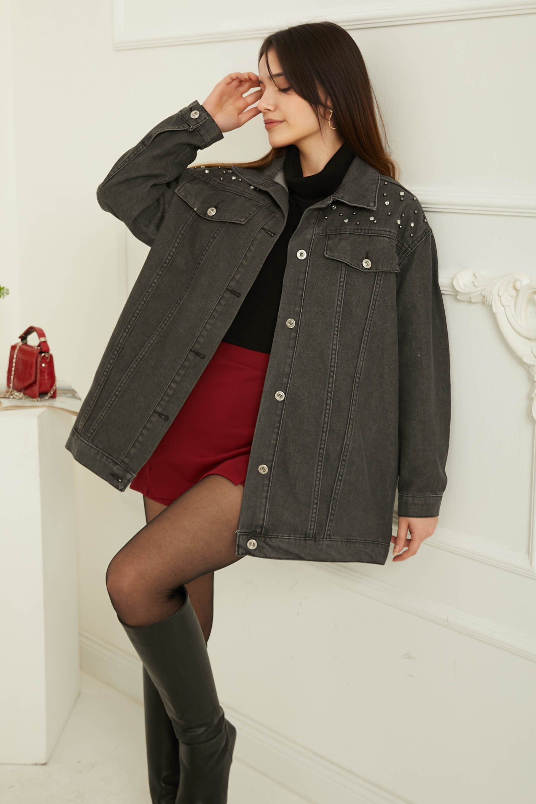 Kadın Omuz Taş Detaylı Oversize Kot Ceket Antrasit - 26616 - 1