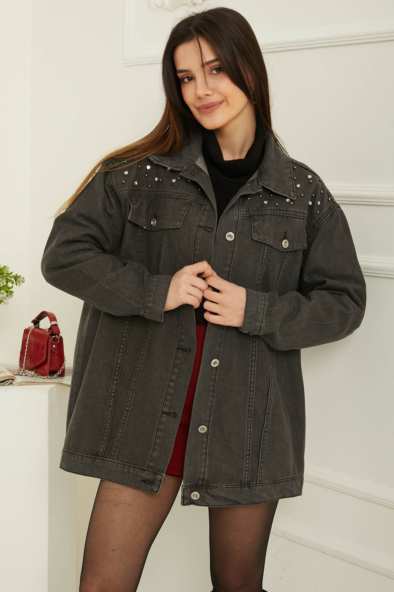 Kadın Omuz Taş Detaylı Oversize Kot Ceket Antrasit - 26616 - 3