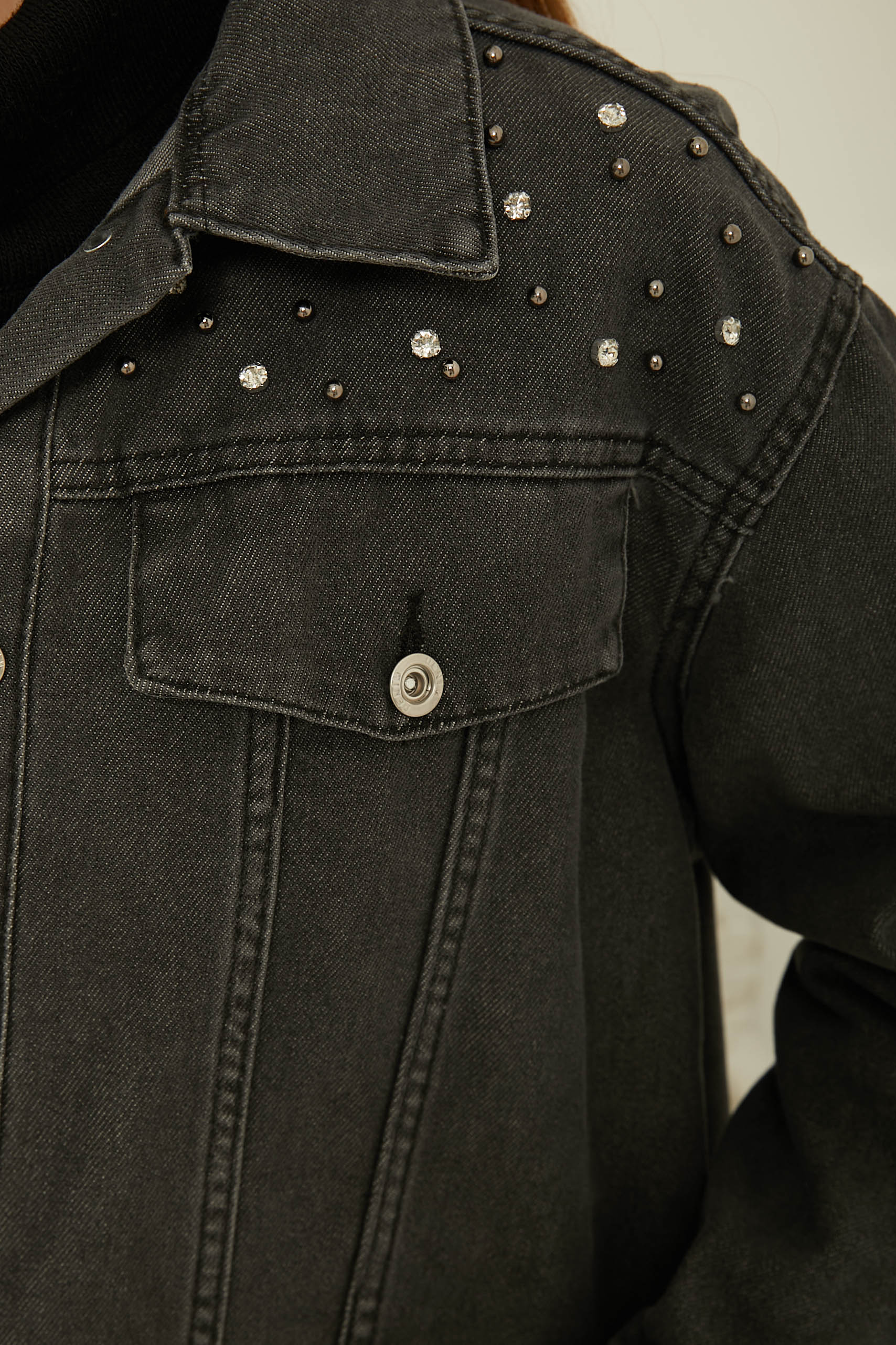 Kadın Omuz Taş Detaylı Oversize Kot Ceket Antrasit - 26616 - 4