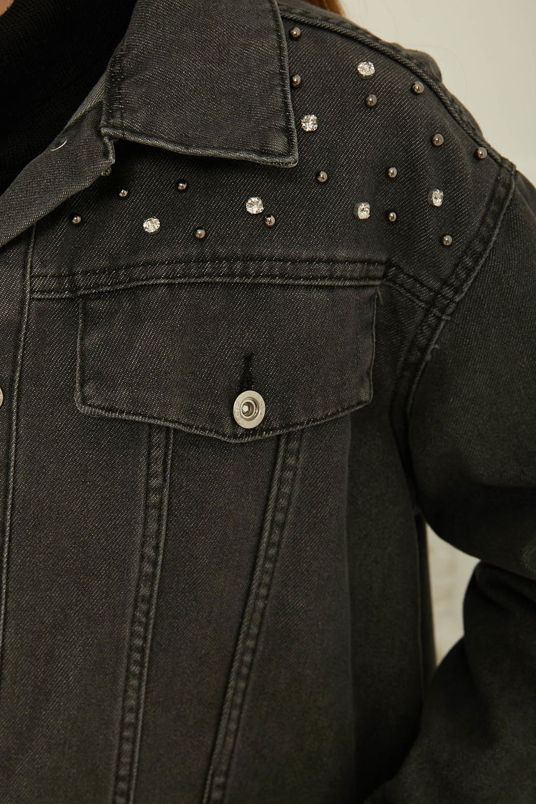 Kadın Omuz Taş Detaylı Oversize Kot Ceket Antrasit - 26616 - TOFİSA