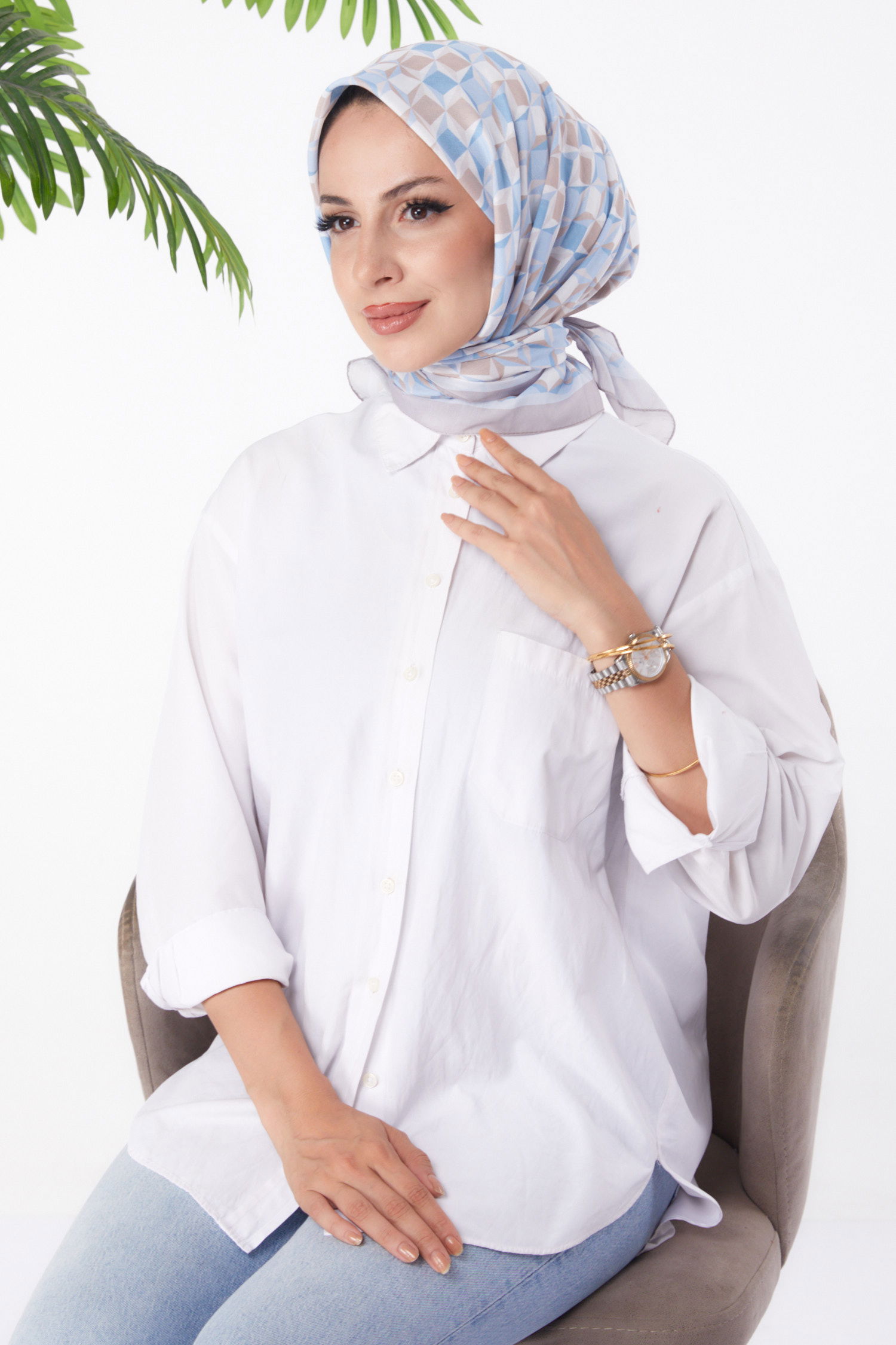 Düz Orta Kadın Bebe Mavi Desenli Eşarp - 26157 - 1