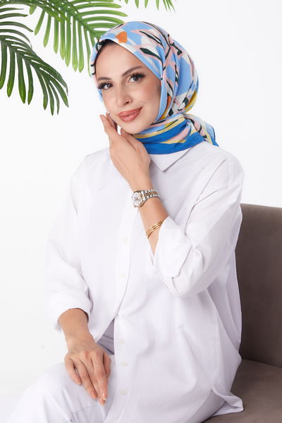 Düz Orta Kadın Bebe Mavi Desenli Eşarp - 26159 