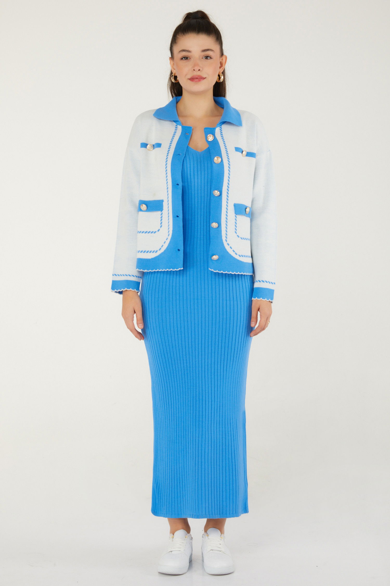 Düz Orta Kadın Bebe Mavi Elbise Bolero Triko Takım - 26470 - 1