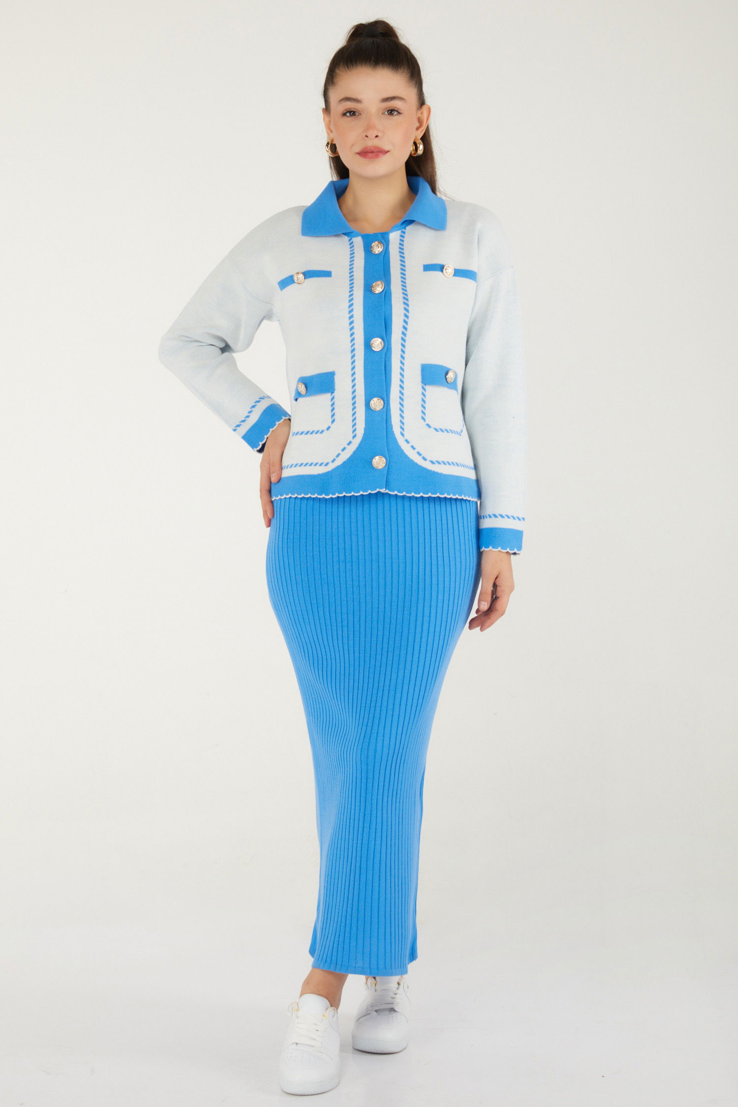 Düz Orta Kadın Bebe Mavi Elbise Bolero Triko Takım - 26470 - 2