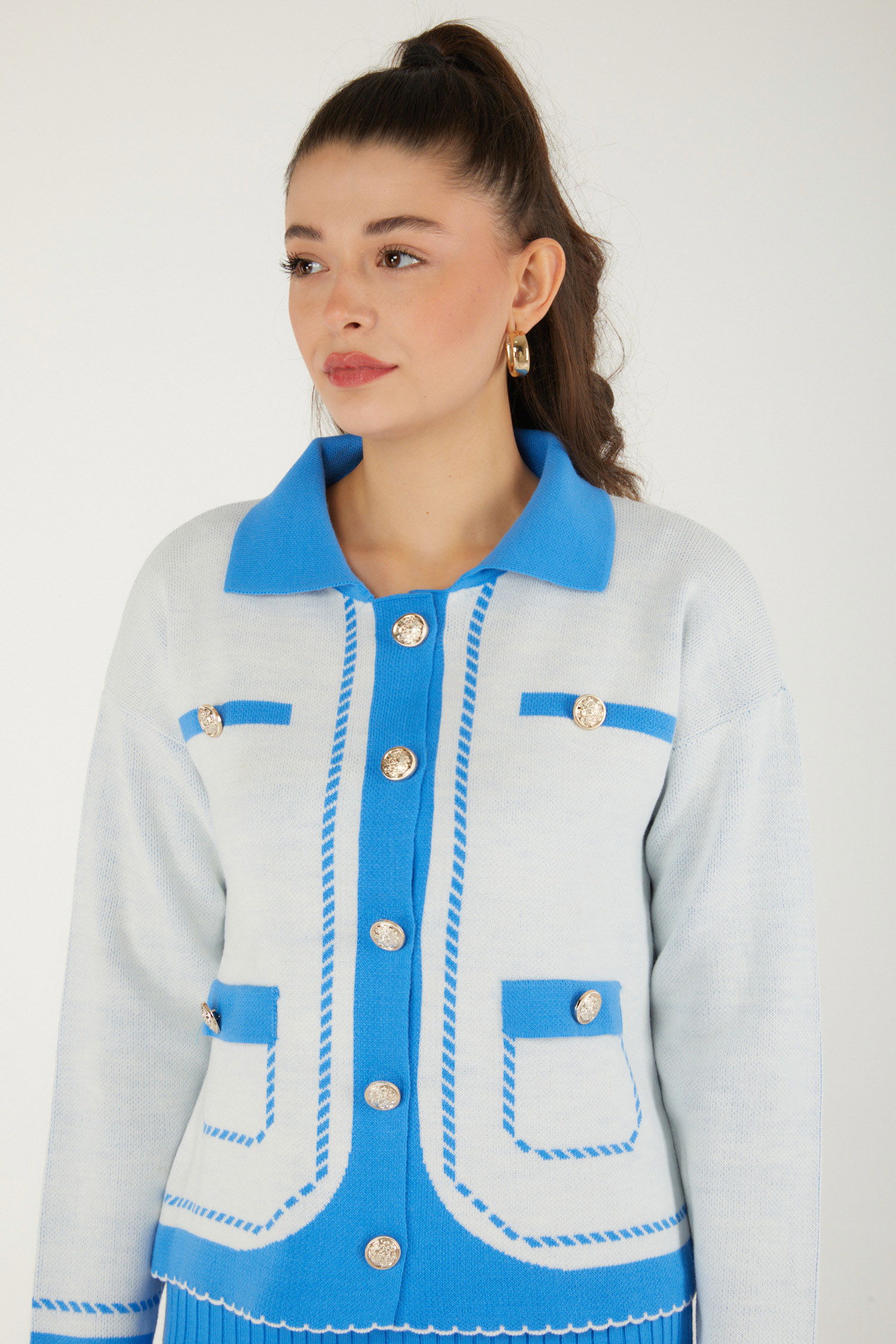 Düz Orta Kadın Bebe Mavi Elbise Bolero Triko Takım - 26470 - 6