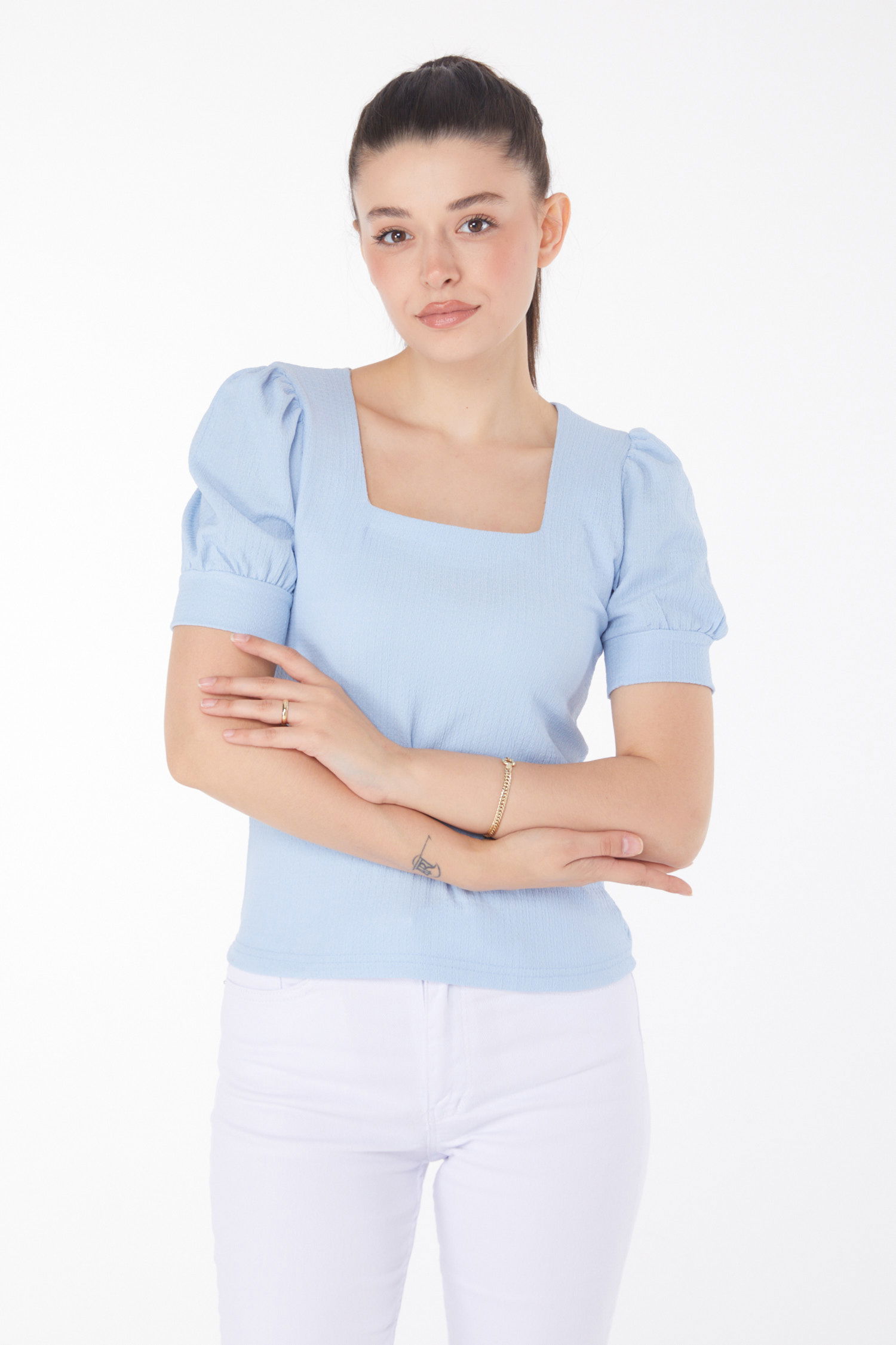 Düz Orta Kadın Bebe Mavi Kare Yaka Bluz - 25873 - 1