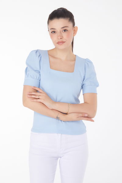 Düz Orta Kadın Bebe Mavi Kare Yaka Bluz - 25873 