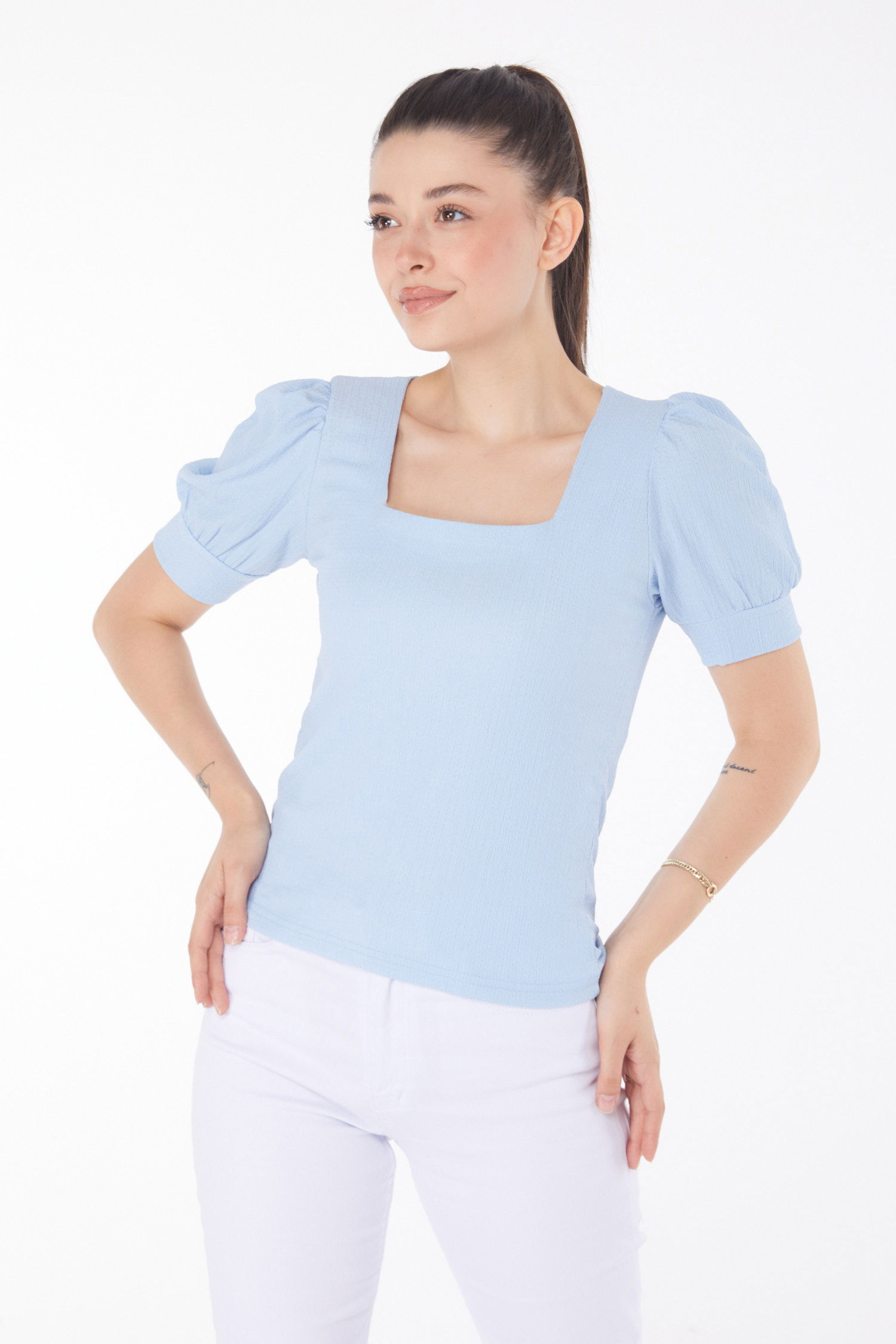Düz Orta Kadın Bebe Mavi Kare Yaka Bluz - 25873 - 3