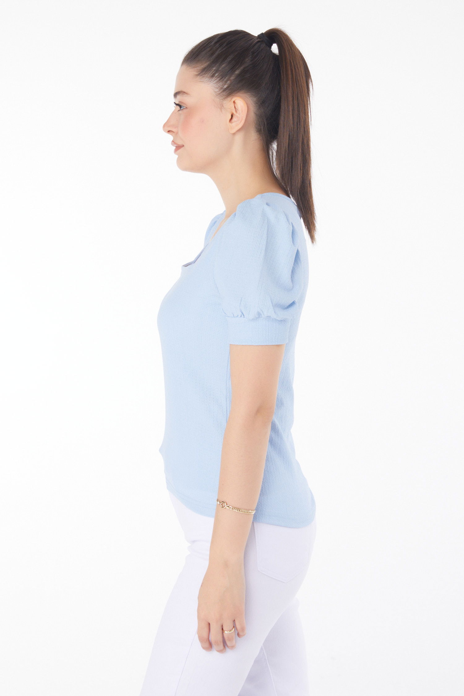 Düz Orta Kadın Bebe Mavi Kare Yaka Bluz - 25873 - 4