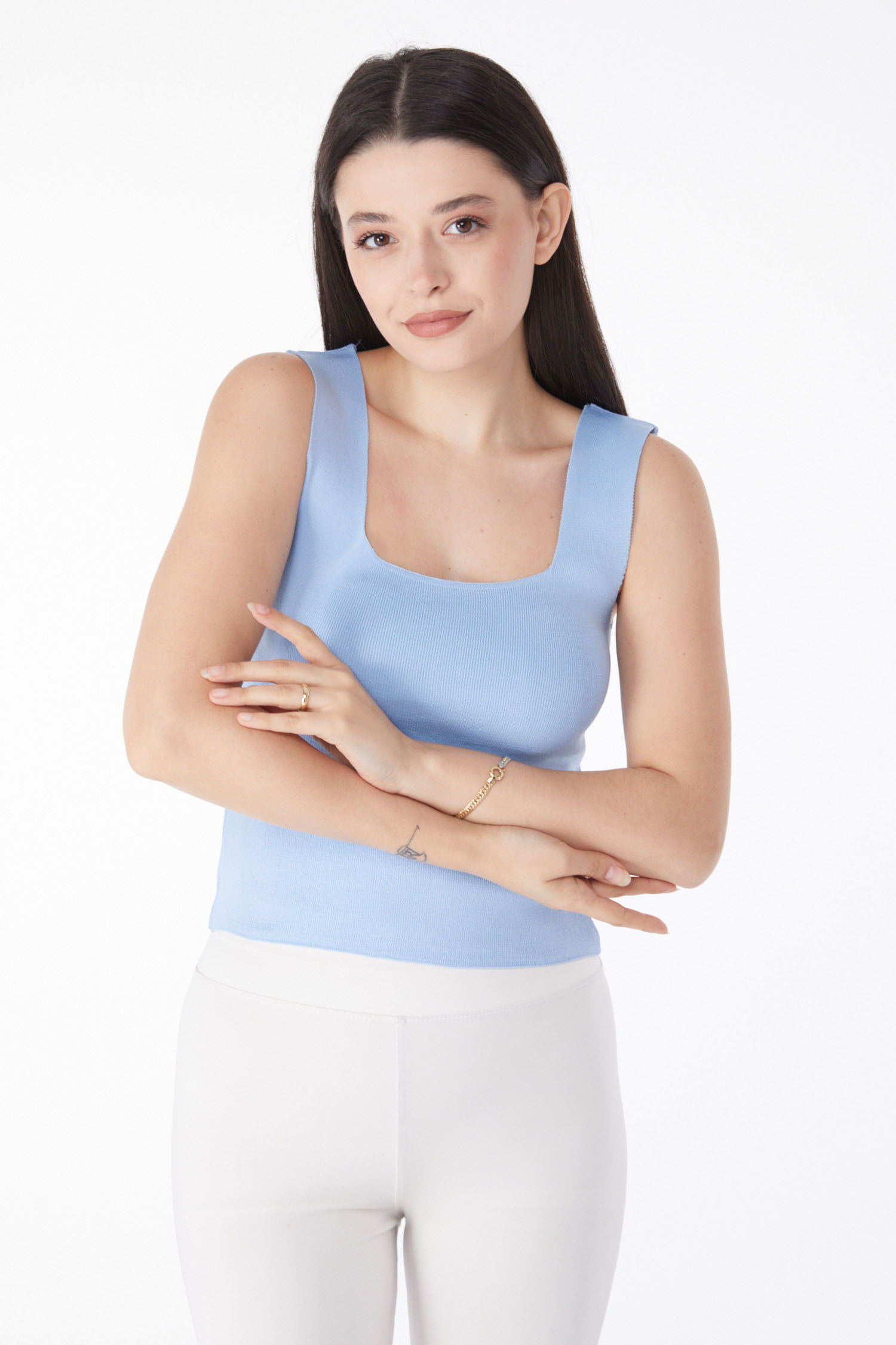 Düz Orta Kadın Bebe Mavi Yazlık Triko Crop - 25220 - 2